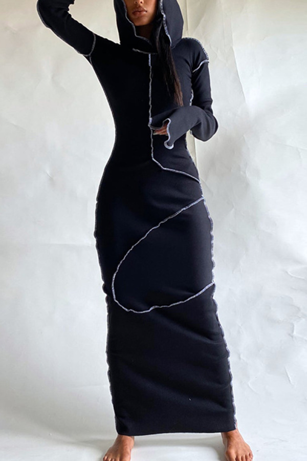 Svarta Casual Solid Patchwork Hooded Krage Inslagna kjolklänningar