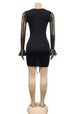 ブラック セクシー ソリッド スパンコール パッチワーク フォールド V ネック ペンシル スカート ドレス