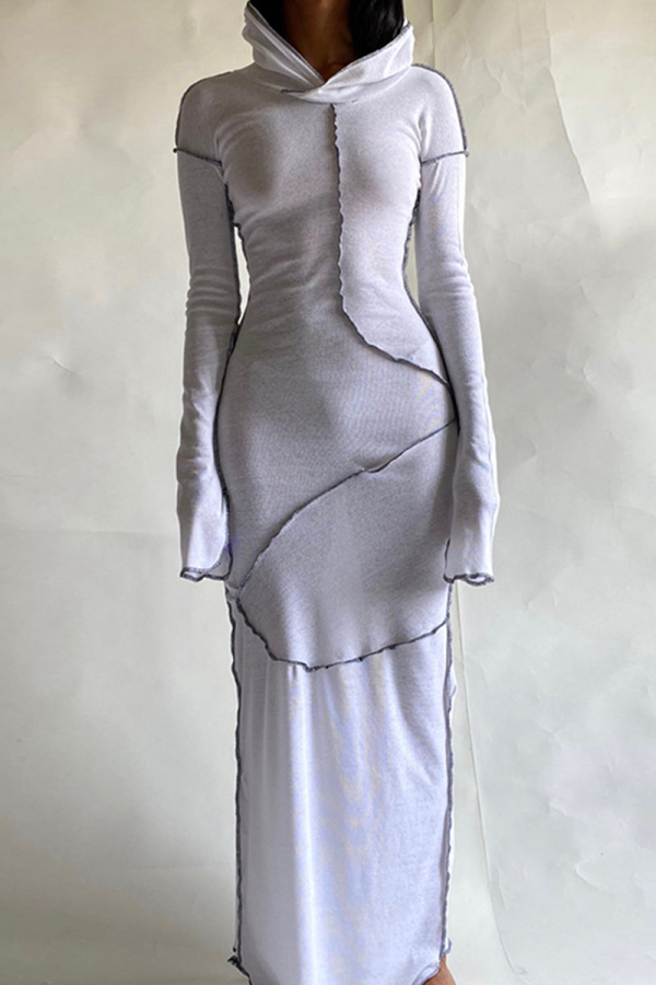 ホワイトカジュアルソリッドパッチワークフード付きカラーラップスカートドレス