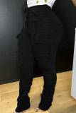 Zwarte casual, stevige broek met halfhoge taille en lage taille