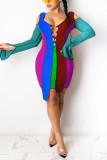 Diepblauwe mode sexy patchwork uitgeholde riem ontwerp asymmetrische O-hals jurk met lange mouwen