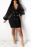 Zwarte mode-casual effen patchwork-jurk met ronde kraag en lange mouwen