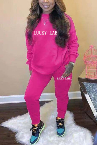 Rose Red Sexy Letter Embroidered O Neck Long Sleeve Two Pieces