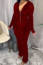 Röd Mode Casual Huvkrage Långärmad Vanlig ärm Skinny Solid Jumpsuits