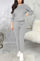 Grey Sexy Solid Patchwork O Neck Long Sleeve Two Pieces