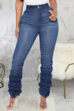 Dark Blue Sexy Solid Fold High Waist Straight Skinny Denim Jeans