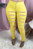 Желтые модные повседневные однотонные рваные джинсы скинни