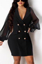 Black Fashion Casual Solid Patchwork Turndown Collar Long Sleeve Dress