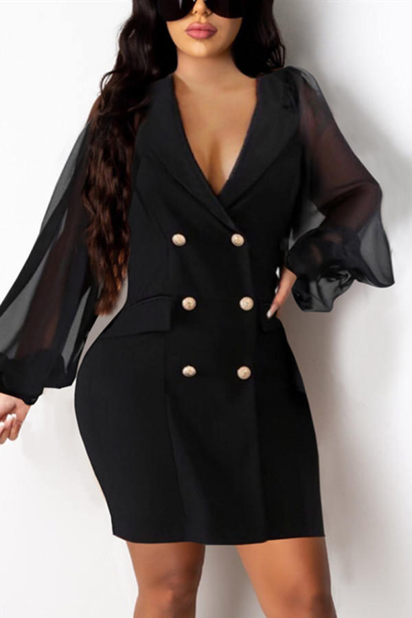 Zwarte mode-casual effen patchwork-jurk met ronde kraag en lange mouwen