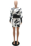 White Sexy Print Patchwork O Neck Long Sleeve Two Pieces