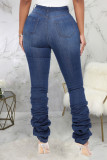 Jeans reto azul escuro sexy com dobras e cintura alta