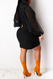 ブラックファッションカジュアルソリッドパッチワークターンダウンカラー長袖ドレス