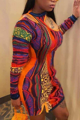 Multicolor Sexy Print Split Joint O Neck Wrapped Skirt Plus Size 
