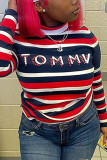 Rose Red Fashion Casual Letter Striped Print Basic Turtleneck Tops