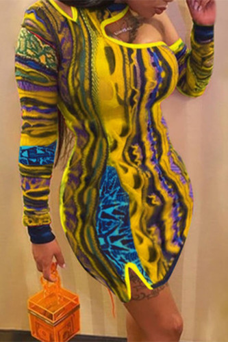 Jupe enveloppée à col rond et patchwork imprimé sexy jaune grande taille