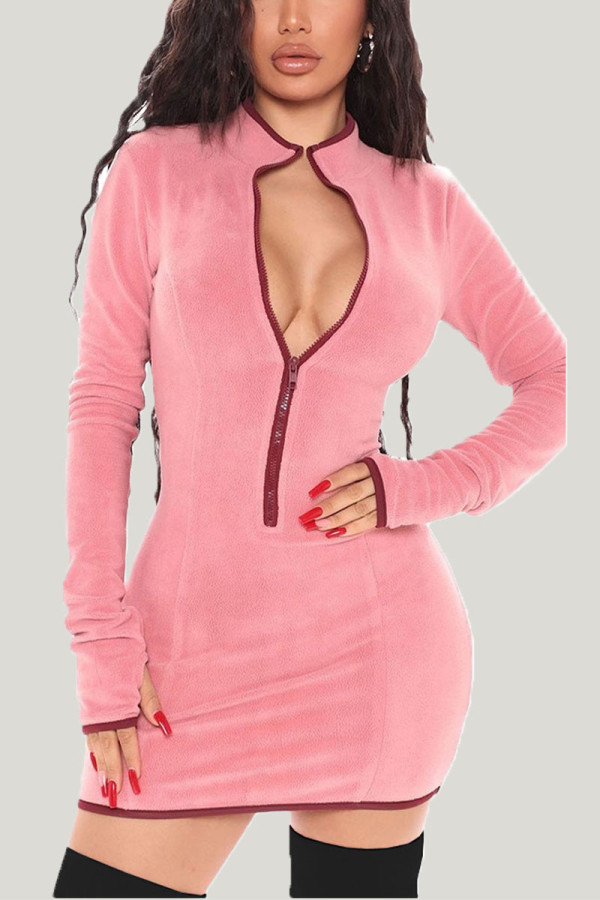 ピンク デイリー ソリッド パッチワーク ジッパー カラー ラップ スカート ドレス