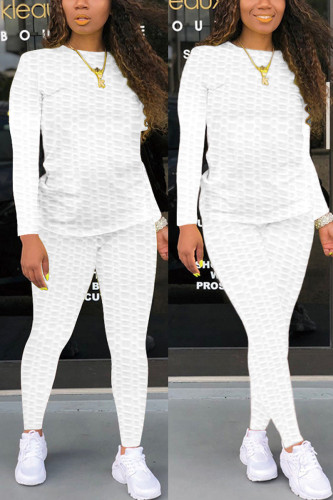 White Fashion Casual Solid Zipper Basic O Neck Long Sleeve Two Pieces