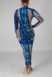 Синее модное повседневное базовое платье с длинными рукавами и принтом