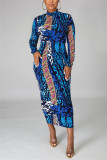 Blaues, modisches, lässiges, Basic-Kleid mit halbem Rollkragen und langen Ärmeln