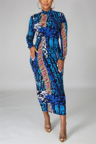 Темно-синее модное повседневное базовое платье с высоким воротником и длинным рукавом с принтом