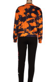 Blusas naranjas con estampado diario de leopardo con cuello redondo y cintura media