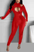 Rode sexy effen uitgeholde coltrui jumpsuits