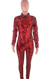 Red Sexy Casual Print O Neck Long Sleeve Two Pieces