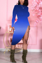 Синие сексуальные лоскутные платья с круглым вырезом и нерегулярным принтом