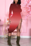 Robes de robe irrégulière à col rond imprimé sexy rouge rose