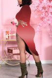 Robes de robe irrégulière à col rond imprimé sexy rouge rose