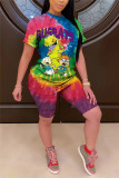 Multi-color Casual Print Patchwork O Neck Short Sleeve Two Pieces