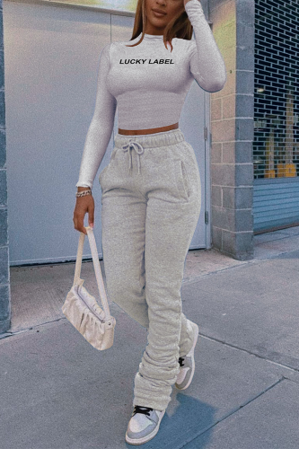 Grey Casual Print Letter Turtleneck Long Sleeve Two Pieces