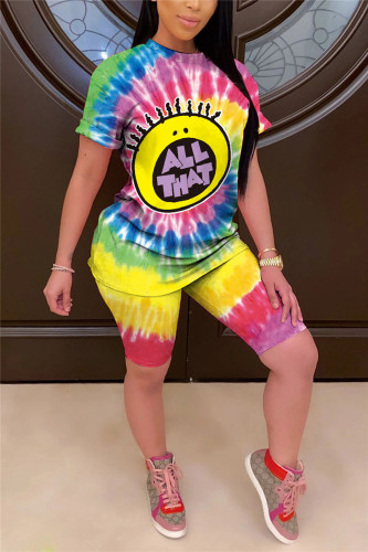 Multi-color Casual Print Patchwork O Neck Short Sleeve Two Pieces