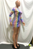 Couleur Casual Print Draw String O Neck Robes Jupe Enveloppée
