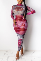 Rosa Sexy Print-Patchwork-Kleid mit halbem Rollkragen und Wickelrock