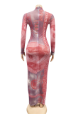 Mandarinenrotes, sexy bedrucktes Patchwork-Kleid mit halbem Rollkragen und Wickelrock