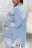 Light Blue Sexy Solid Ripped Make Old Turndown Collar Outerwear