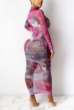 Rosa Sexy Print-Patchwork-Kleid mit halbem Rollkragen und Wickelrock