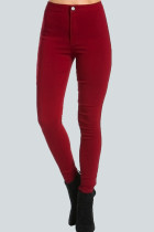 Wine Red Street Solid Buttons High Waist Regular Skinny Denim Jeans