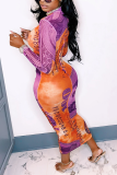 Mandarinenrotes, sexy bedrucktes Patchwork-Kleid mit halbem Rollkragen und Wickelrock