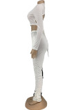 Abbigliamento sportivo bianco Solid Patchwork Backless O Neck Manica lunga Due pezzi