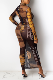 Robes de jupe enveloppées à demi-col roulé en patchwork imprimé sexy marron