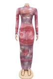 Robes de jupe enveloppées à demi-col roulé en patchwork imprimé sexy rose