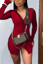 Rotes, modisches, sexy, solides Patchwork-Kleid mit Schlitz und V-Ausschnitt und langen Ärmeln