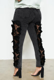 Zwarte mode-casual, effen patchwork, normale jeans met middentaille