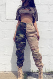 Army Green Fashion Casual Camouflage Print High Waist Patchwork Trousers