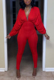 Macacão skinny casual fashion vermelho sólido sem cinto decote em v