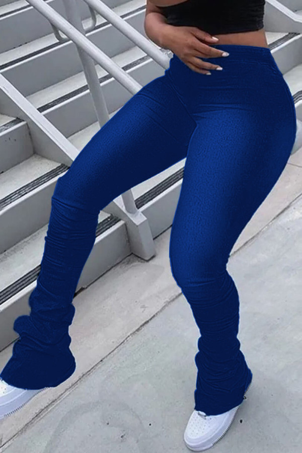 Pantalon bleu mode décontracté solide basique taille mi-haute