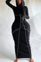 ブラック カジュアル ソリッド フード付き カラー ペンシル スカート ドレス