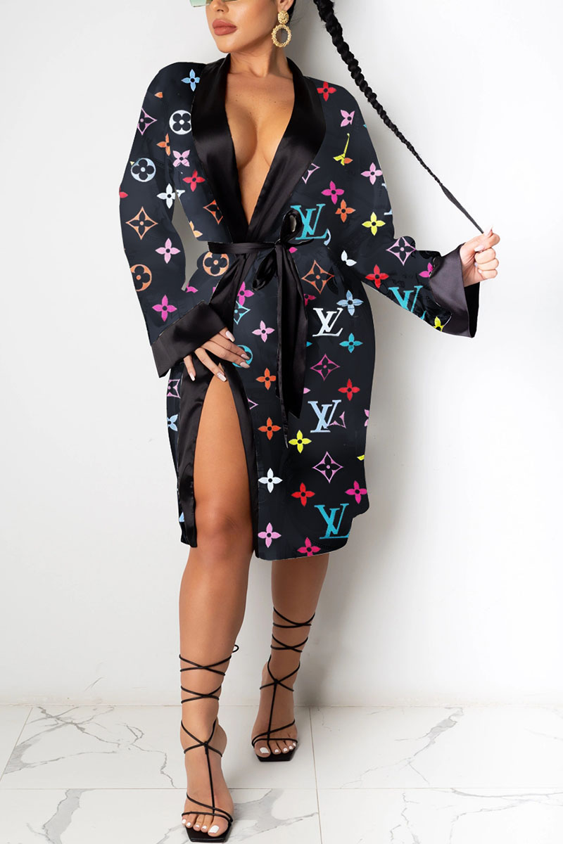 Multi-color Sexy Print Split Joint With Belt V Neck Dresses